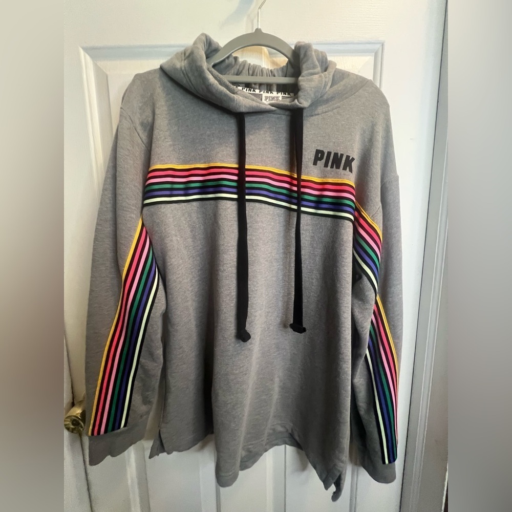 Victoria's Secret Gray Hoodie with Rainbow Stripes